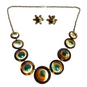 Art Deco Operculum Shell Necklace Earrings Set Faux Tortoiseshell Estate Piece